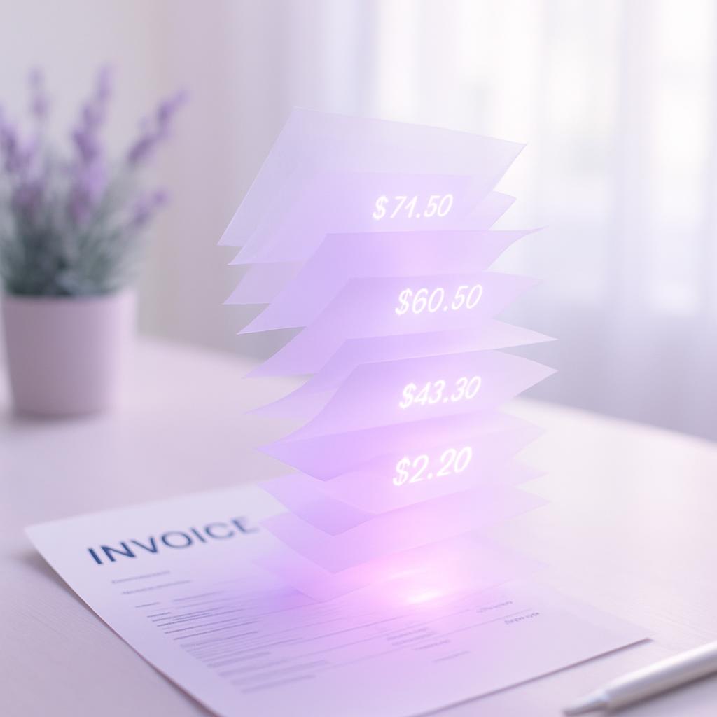 Factura fragmentándose en capas de costes ocultos sobre un escritorio, con iluminación oscura cinematográfica y tonos lavanda