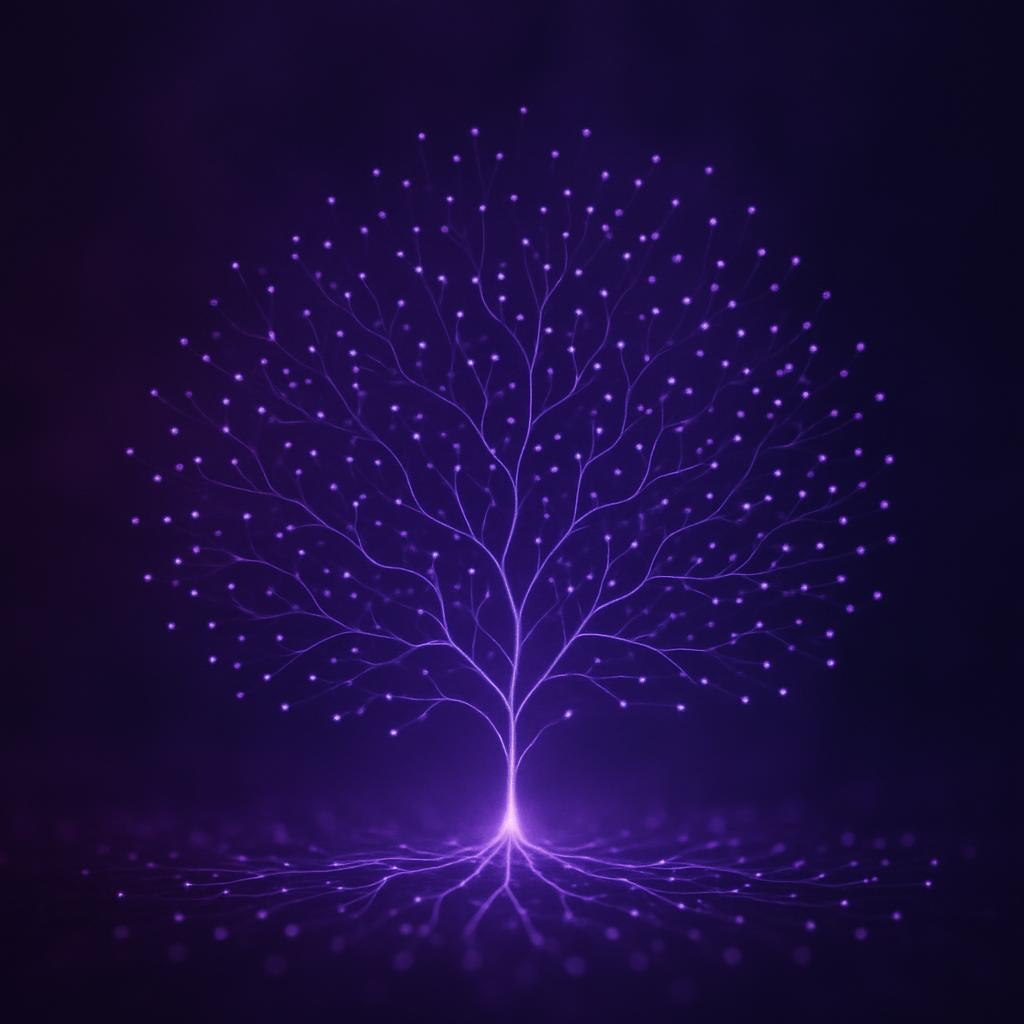 Red de nodos de decisión ramificándose desde un punto central hacia miles de destinos individuales, con iluminación oscura cinematográfica y tonos lavanda