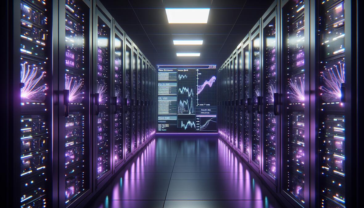Sala de servidores con racks GPU y métricas de entrenamiento IA