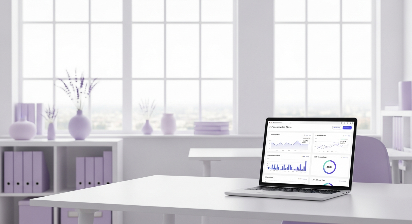 Dashboard de e-commerce con analytics de recomendaciones IA en monitor ultrawide con iluminación cinematográfica lavanda