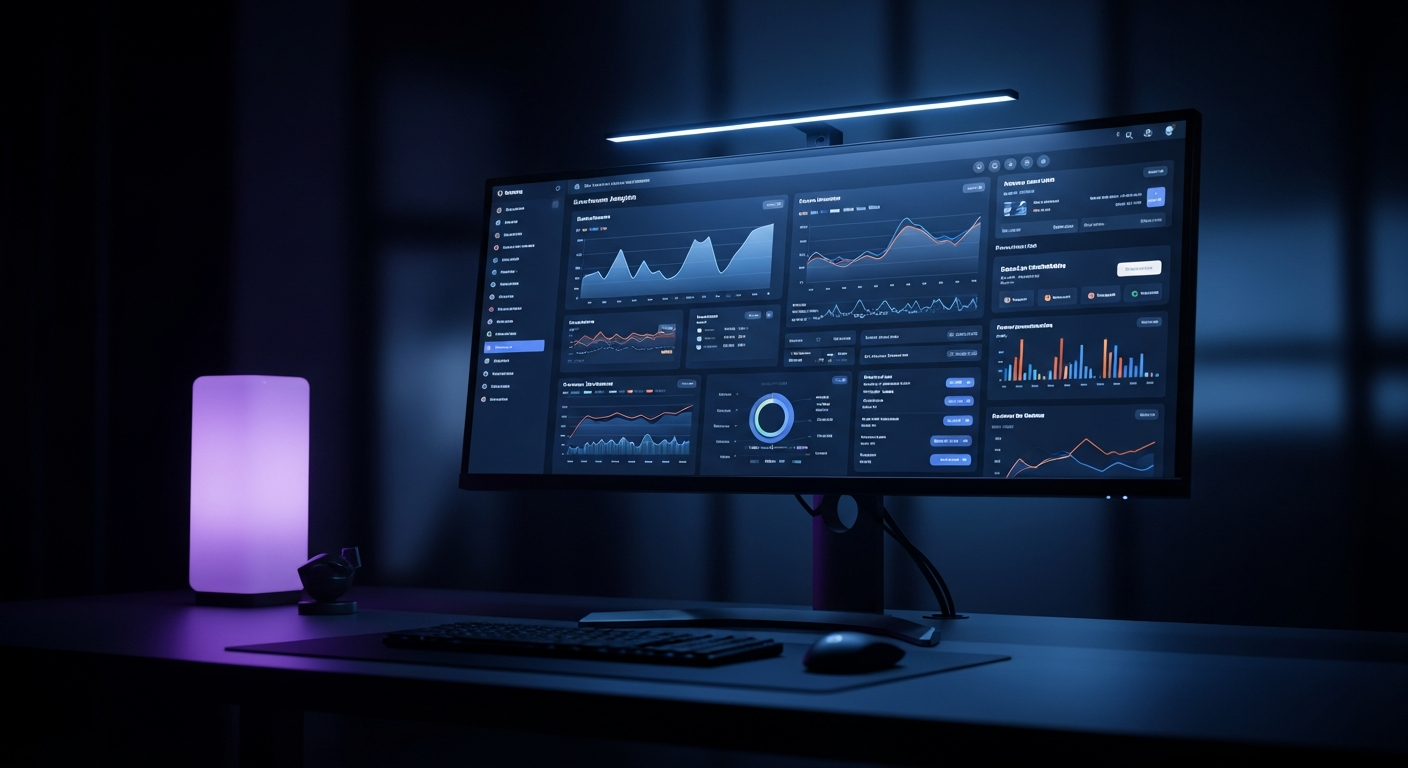 Dashboard de e-commerce con analytics de recomendaciones IA en monitor ultrawide con iluminación cinematográfica lavanda