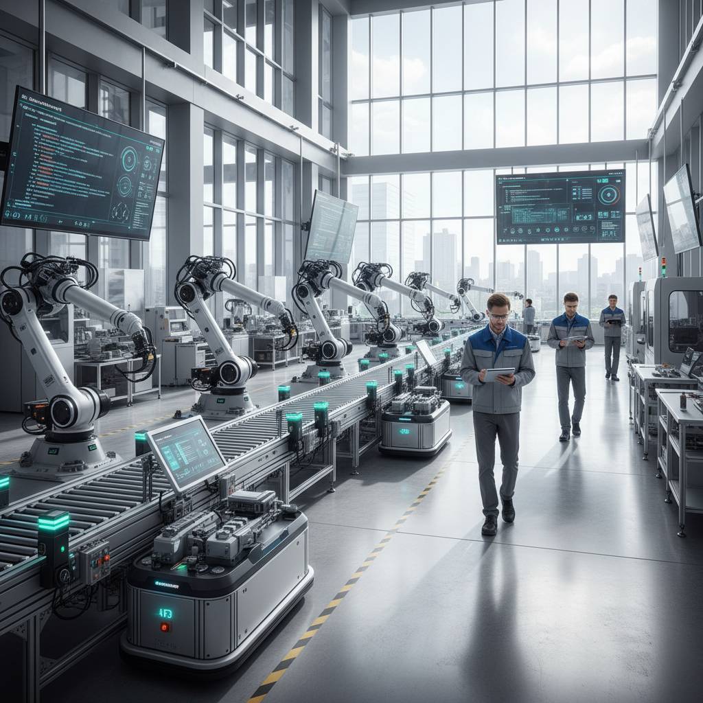 Entorno industrial con dashboards IA y iluminación azul
