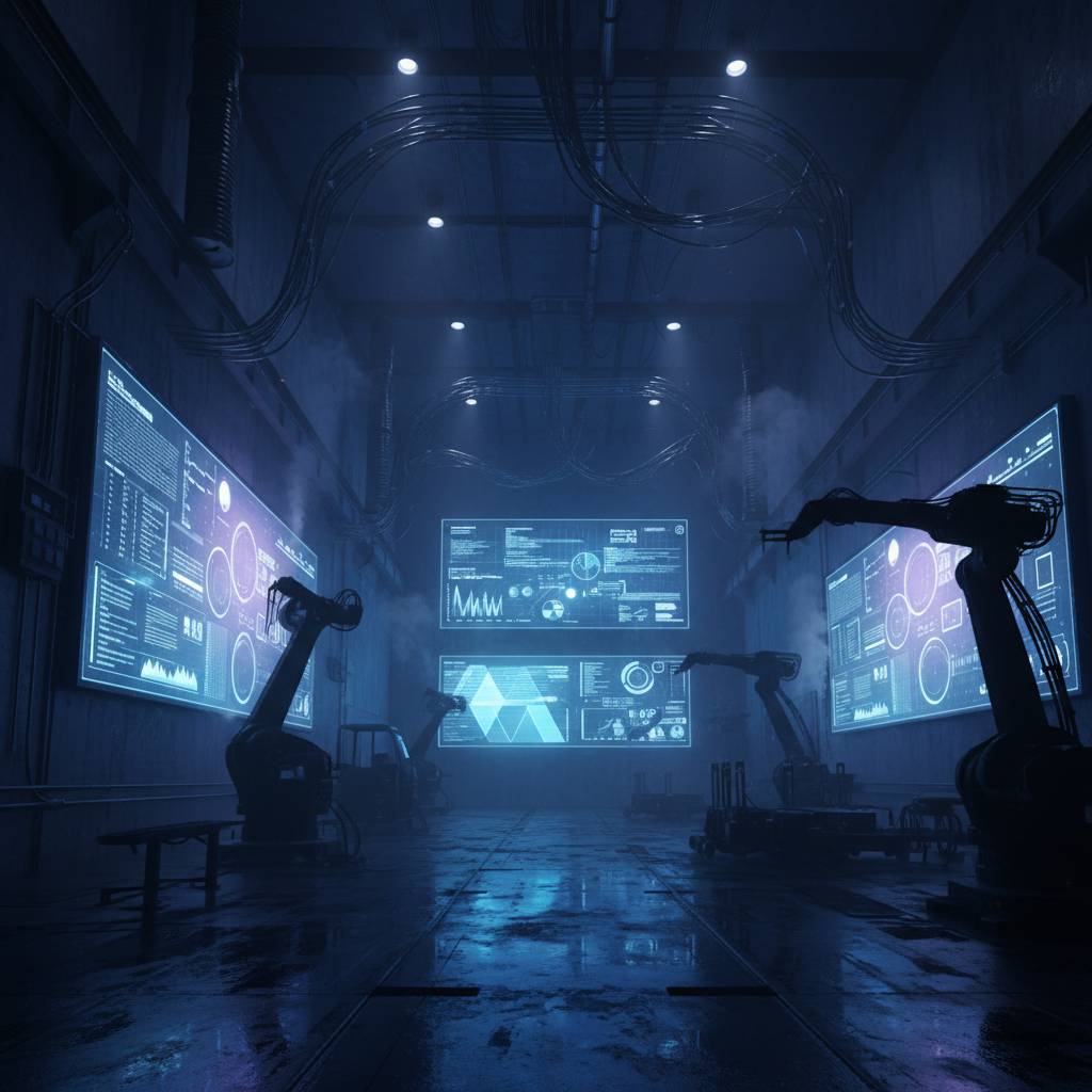 Entorno industrial con dashboards IA y iluminación azul