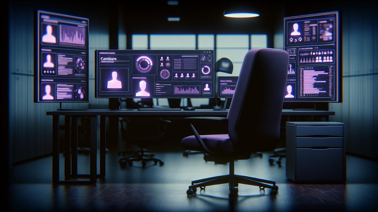 Oficina moderna de recursos humanos con monitores mostrando analíticas de candidatos e iluminación cinematográfica lavanda