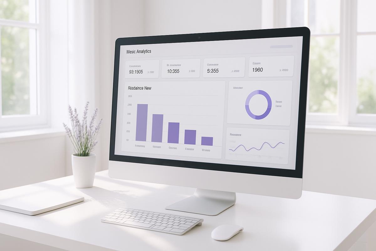 Dashboard de ventas B2B con analíticas de pipeline en monitor ultrawide con iluminación cinematográfica