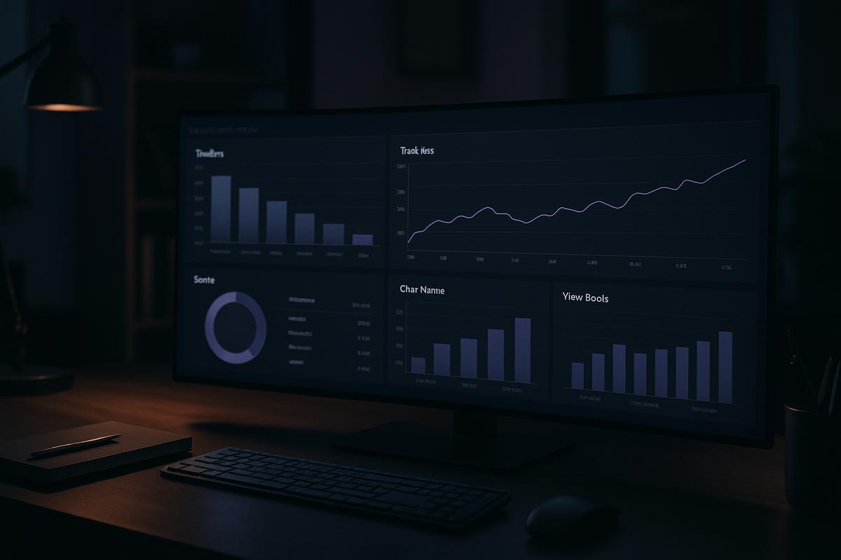 Dashboard de ventas B2B con analíticas de pipeline en monitor ultrawide con iluminación cinematográfica