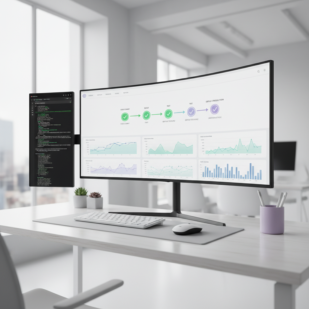 Monitor de ingeniero DevOps con pipeline de despliegue y dashboard de monitorización