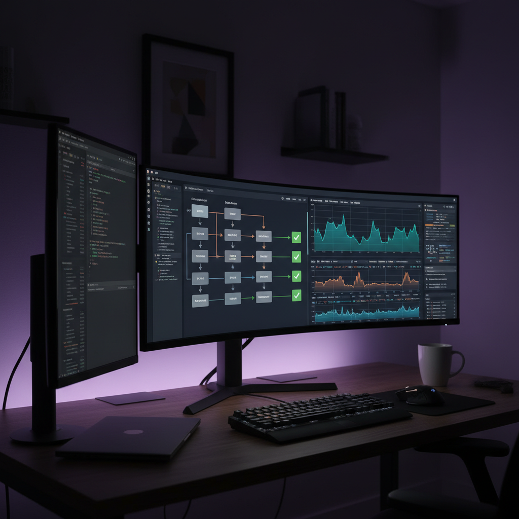 Monitor de ingeniero DevOps con pipeline de despliegue y dashboard de monitorización