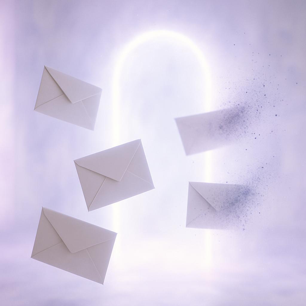 Sobres de correo atravesando una compuerta de verificación luminosa mientras algunos se desvanecen en la oscuridad, con iluminación oscura cinematográfica y tonos lavanda