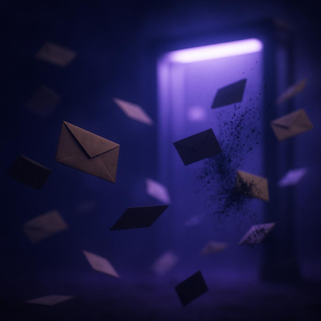 Sobres de correo atravesando una compuerta de verificación luminosa mientras algunos se desvanecen en la oscuridad, con iluminación oscura cinematográfica y tonos lavanda